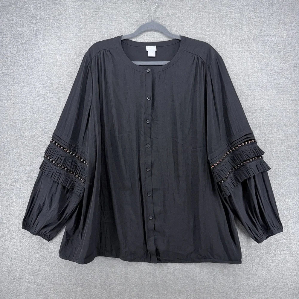Chicos Blouse Top Women Size 4/20 Black Long Sleeve Ruffle Button Up